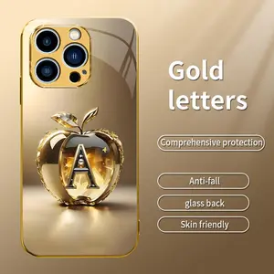 Suitable for [iPhone 13 Pro Max] New high-end gold letter glass mobile phone case New business simple metal paint electroplated gold glass mobile phone case Affordable price Anti-drop and anti-fingerprint 995