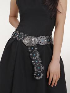 women's boho flower embossed grommet eyelet design wide belt, vintage trendy wide waistband for women, fashion trendy belt for party for gift,  beaded belt buckle