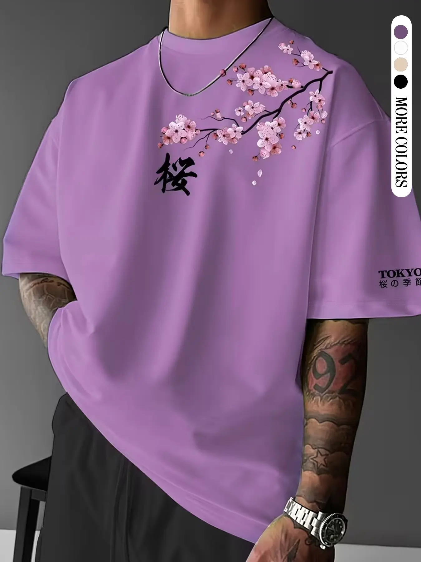 Men's Sakura Cherry Floral Print T-Shirt, Casual Loose-Fitting Short Sleeve, Outdoor Travel Party Streetwear, All Seasons Comfortable Plain Tee, Menswear