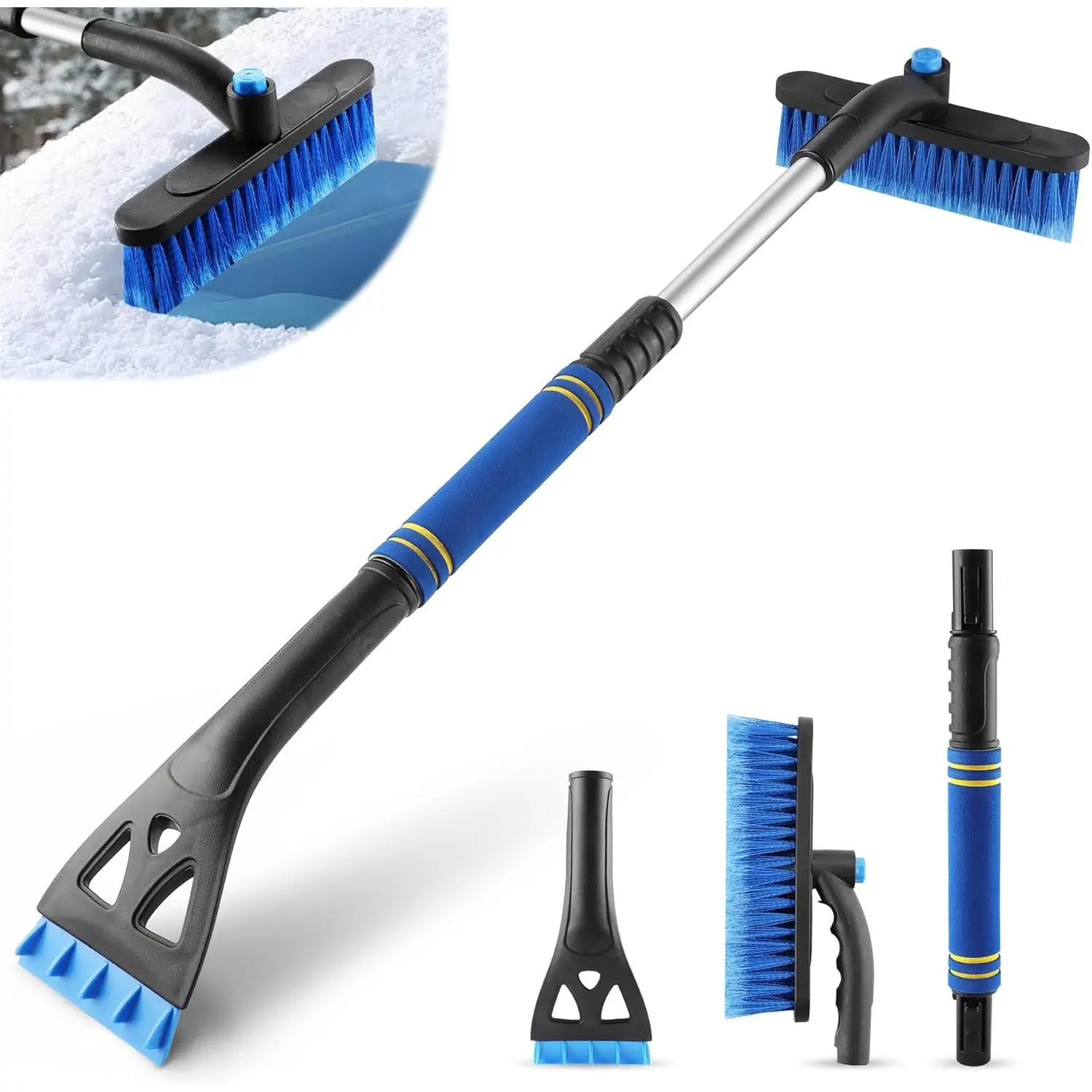 32 inch Retractable Ice Scraper & Snow Brush - 360-Degree Rotation Windshield Removal Tool for Trucks, SUVs - Winter Essential, Men's Automotive Accessory (Blue)