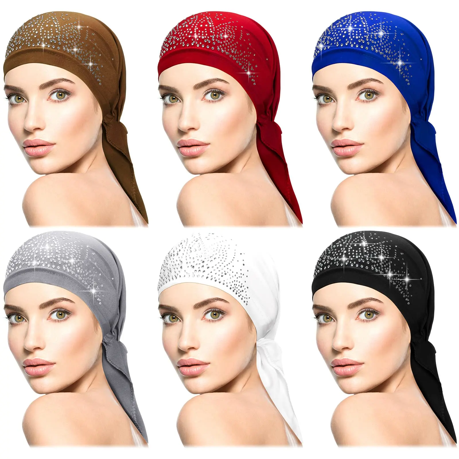 [Summervibes] 6-Pack Women's Stretchy Rhinestone Accents Head Scarf - Pre-Tied Do-Rag,Turban Cap,Skull Cap Headbands (Vivid Colors) for Halloween,Christmas Party Gifts