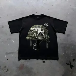 War Helmet Faith Over Fear Graphic Print Cotton T-Shirt, grunge y2k emo scene tapout goth amity affliction style clothes, unisex casual streetwear tee with edgy vintage distressed design for alternative fashion lovers