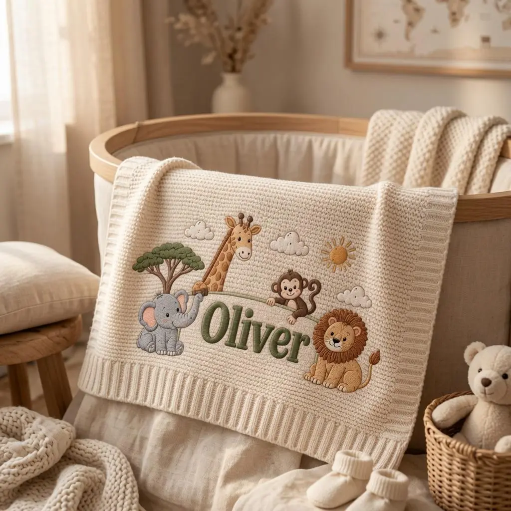 [Made-to-Order] Personalized Lion Giraffe Embroidered Knit Baby Blanket, Custom Name Safari Blanket, Newborn Nursery Decor, Baby Boy Gift, Welcome Baby Gift