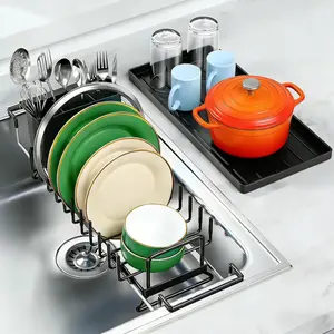 2 Pack Dish Drying Rack, Expandable Dish Drainer Over Sink with Drying Tray, Compact Dish Rack for Counter with Utensil Holder, with Drainage & Saving, Black