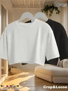 2026 TikTok Viral Women's 2 Pack Basic Crop T-Shirts, Oversized Crew Neck Short Sleeve Crop Tops,Summer Layering, Street Style, Daily Wear, Errands, Shopping, Lounge, Vacation, Casual Gatherings,