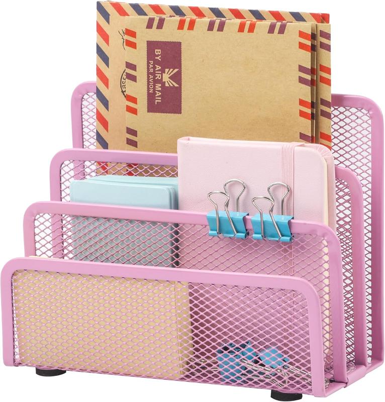 Mail Organizer Countertop Metal Mesh File Holder with 3-Slot Desk Accessories For Home and Office Pink