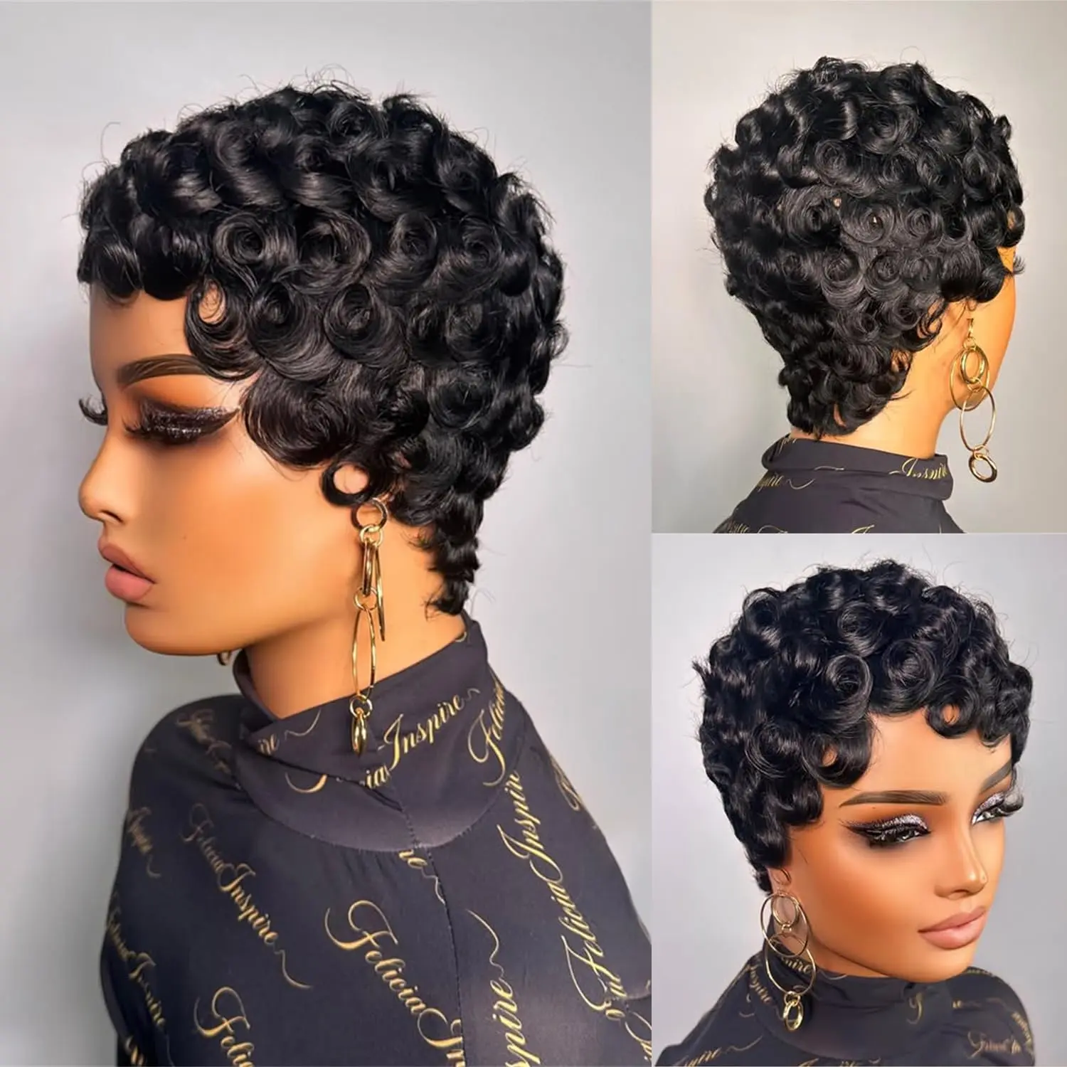 Black Women's Glueless Short Curly Pixie Cut Wig, 1B Color Brazilian Virgin Human Hair with Finger Wave & Pin Curls, Layered Female Wig for Daily Use (120-160°C Safe, Customizable, Durable) 2026