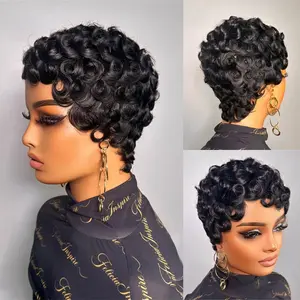Short Curly Pixie Cut Wig for Black Women Human Hair 1B Color Finger Wave Style with Pin Curls Glueless Pixie Wig Short Layered Brazilian Virgin Human Hair Wigs for Daily Use2026