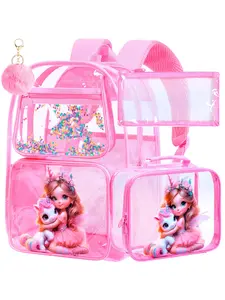 3PCS Unicorn Clear Backpack for School for Girls,16" Transparent Bookbag Heavy Duty, Cute See Through Backpacks with Lunch Bag - Pink