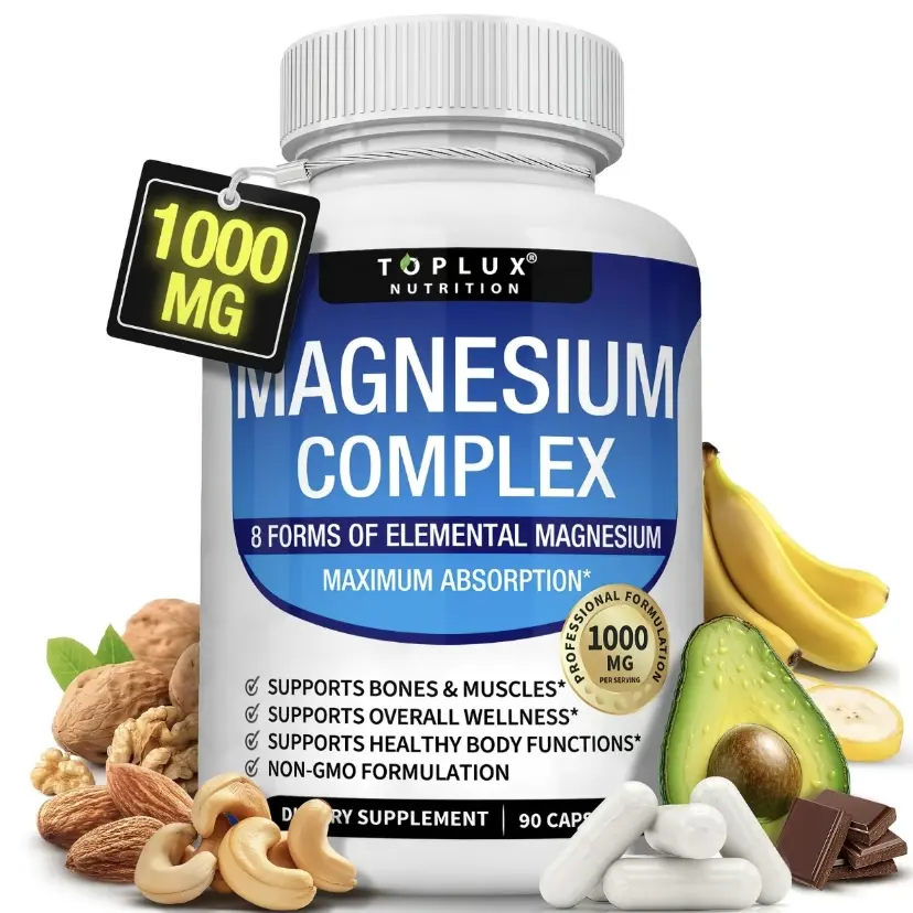 Flash Sale: TopLux Nutrition Chelated Magnesium Complex Vitamin 1000mg Capsules (1 Bottle, 90 Count) with 7 Elemental Sources - Malate, Taurate - Men's Fitness, Muscle Support Dietary Supplement, Healthcare