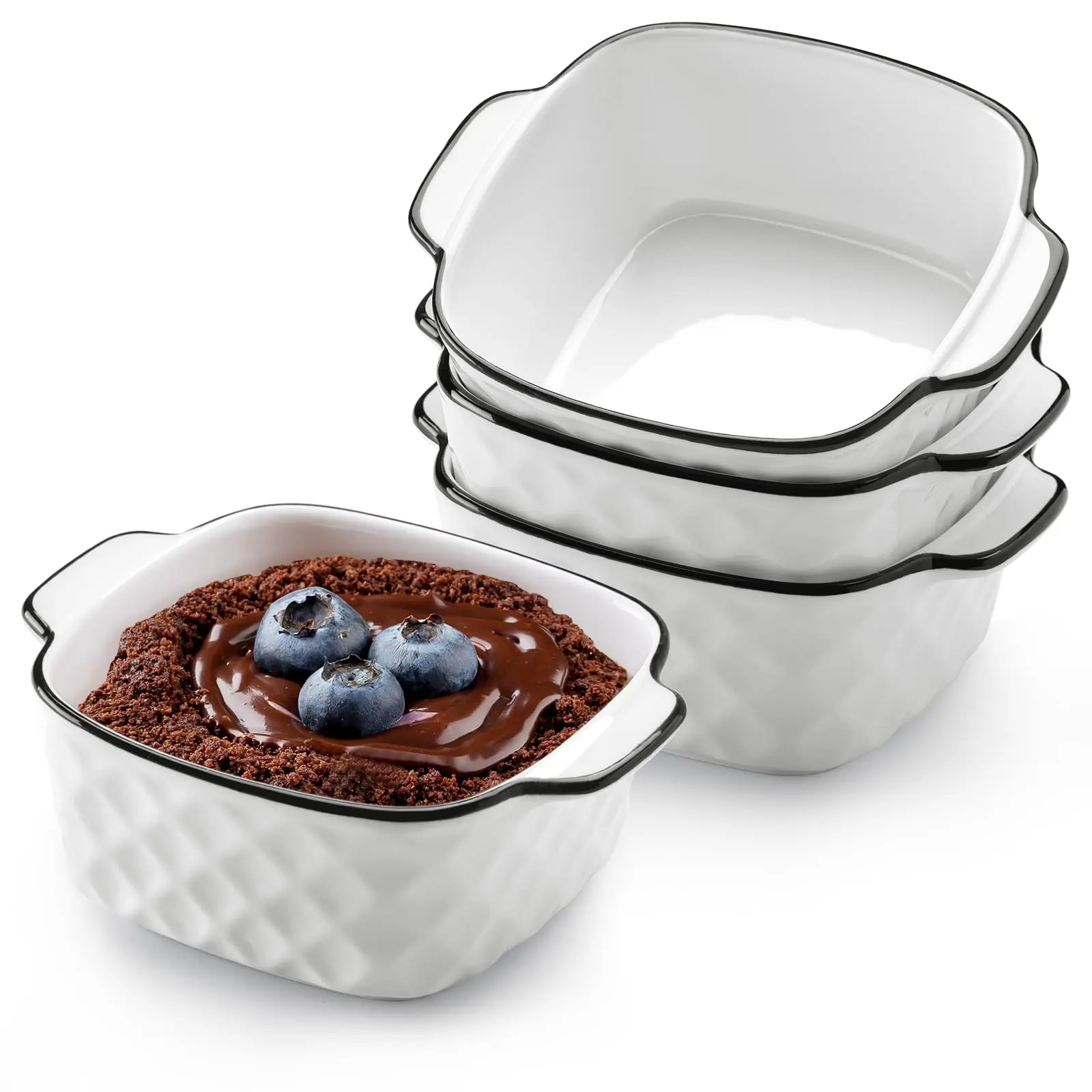 Set of 4, 13 - ounce ceramic baking dishes, 5.7×4.5×2.2 - inch square baking dishes with diamond design, 400 - ml small baking dish, suitable for air - fryer, ceramic bakeware with handles, can be used in ovens and microwaves.