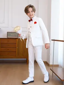 Boys Gentleman Formal 4-Piece Suit (Blazer + Vest + Pants + Bow Tie) | 6 Colors: Black/White/Gray/Navy Blue/Off-White/Pink | Ideal for Weddings, Birthdays, School Performances, Graduations, Photoshoots, Daily & Formal Wear (Shirt Not Included)