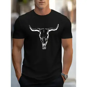 Bull Skull Print T Shirt, Tees For Men, Casual Short Sleeve T-shirt For Summer
