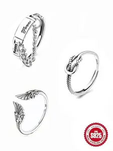 S925 Sterling Silver Vintage Angel Wing Design Cuff Ring, Open Ring, Fashion Jewelry Accessories for Women & Girls, Trendy Exquisite Jewelry for Birthday Gift