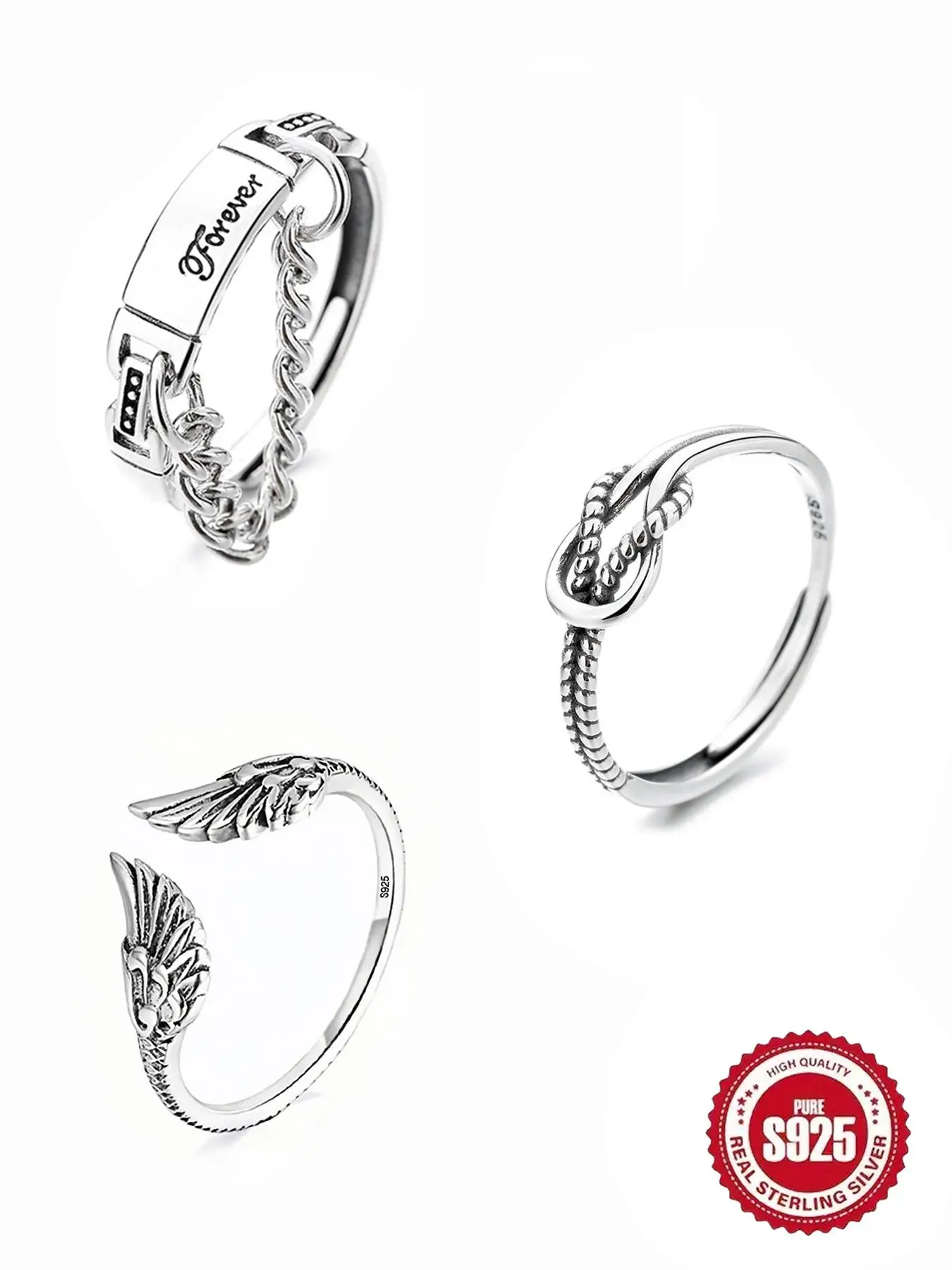 S925 Sterling Silver Vintage Angel Wing Design Cuff Ring, Open Ring, Fashion Jewelry Accessories for Women & Girls, Trendy Exquisite Jewelry for Birth