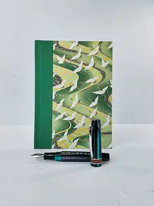 NEW A5 128-page Hardcover Notebook - White Cranes on Green Chiyogami Paper