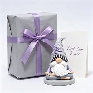 Lavender Meditating Resin Gnome Figurine with Floral Hat - 4th of July Spring Home & Garden Decor, Sentimental Gift for Yoga Enthusiasts, Desktop Collectible Statue art ornament cute office single piece