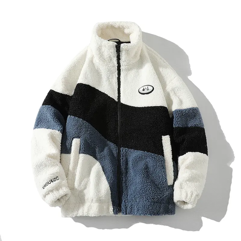 Tide brand color blocking fleece stand collar coat, men's winter thick warm loose casual couple jacket with zipper Menswear Stylish