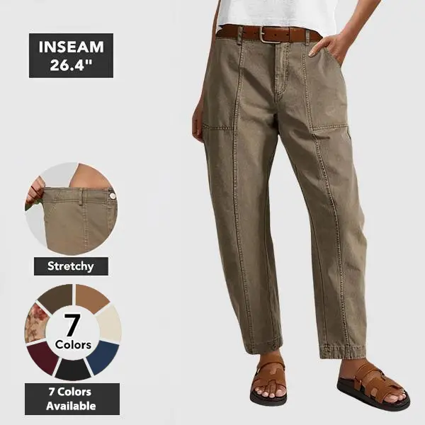 Flamingals Solid Stitch Detail Mid Waist Baby Barrel Fit Deep Pockets Pants High Stretch 26.4" Inseam Casual Women's Fashion Elevated Basic