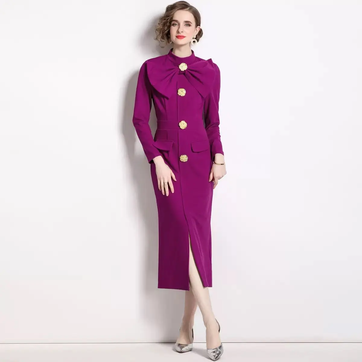 Elegant Black Midi Dress with Gold Button Details Womenswear