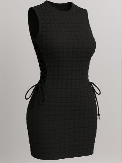 Lace Up Bubble Bodycon Dress-Sleeveless - Elegant Summer Wear with Adjustable Fit & Chic Bubble Design in Black Pink Green & Blue