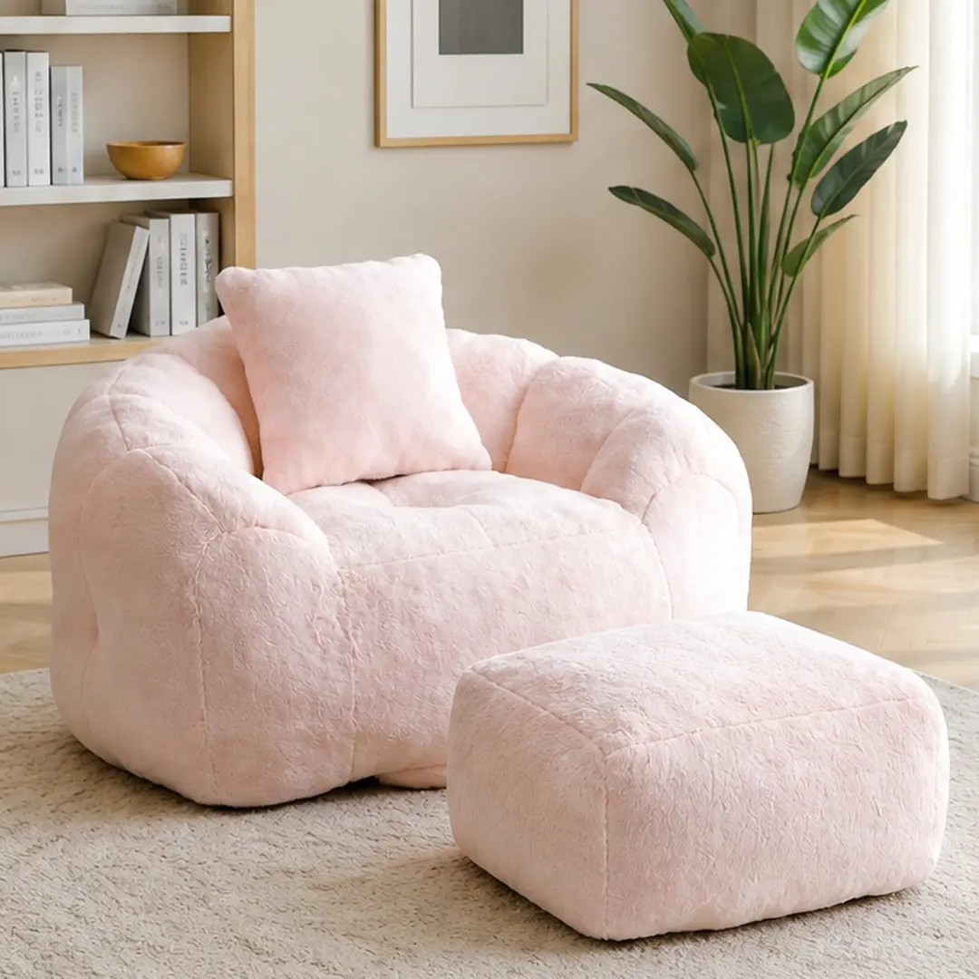 ARCH Oversized Faux Fur Shell-Shaped Giant Bean Bag Chair with Footstool, Soft Foam-Filled Indoor Accent Lounge Chair for Adults & Kids (45.4"x36"x25.6"), Furniture for Apartment & Studio Apartment, Ideal for Gaming & Reading, Studio Apartment Furniture