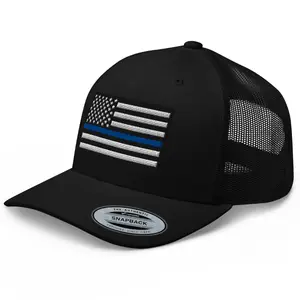 RIVEMUG NX Thin Blue Line American Flag Embroidered Curved Bill Trucker Hat Mid Crown Adjustable USA Cap