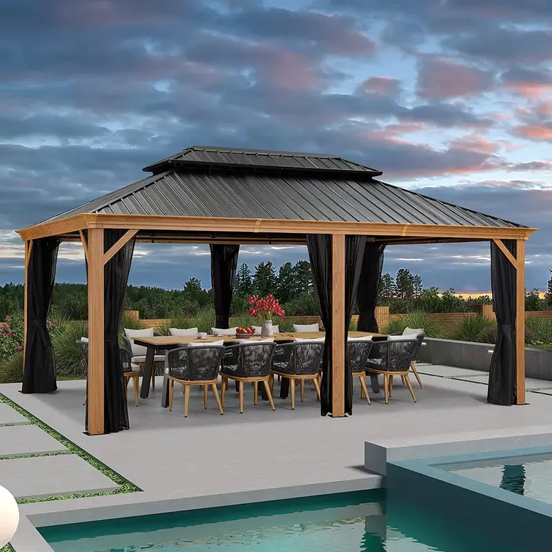 PURPLE LEAF 12' x 18' Hardtop Gazebo For Patio | Galvanized Steel Wood Grain Frame With Netting