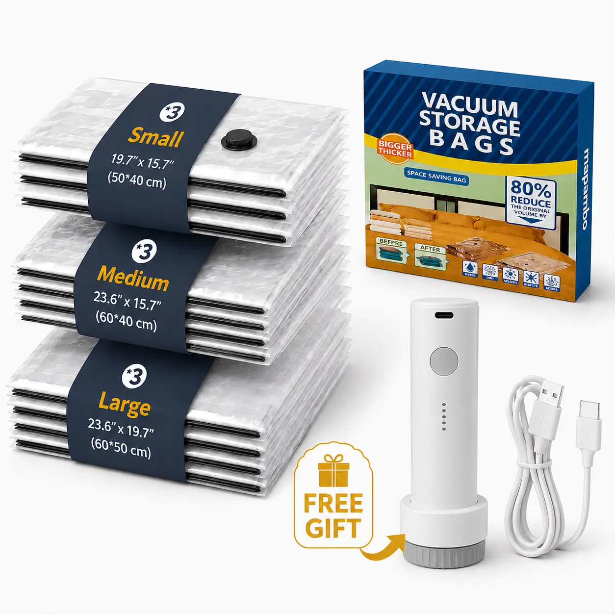 [Mid-Year Mega Sale] 9-Pack Travel Vacuum Storage Compression Bags (3 Sizes) - USB Rechargeable Handheld Pump with Built-In Battery - Waterproof, Dustproof, Reusable Space Saver Organiser for Clothes, Ideal for Carry-On Suitcases