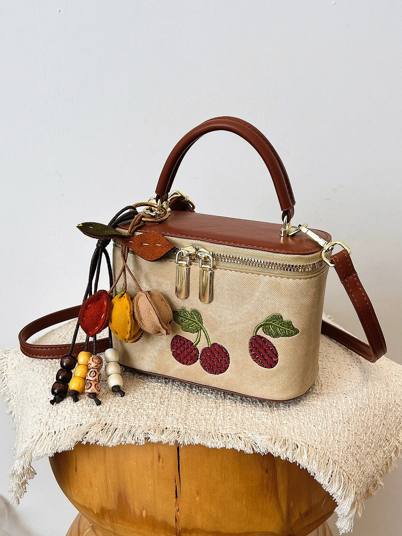 Vintage high-end cherry embroidery contrasting color box bag, Embellished shoulder bag, fruit pendant and bead decoration design, multi back single shoulder handbag, suitable for daily commuting, dating and shopping