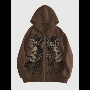MEN Grunge Punk Men's Skull Letter Print Zipper Closure Hoodie, Long Sleeve, School