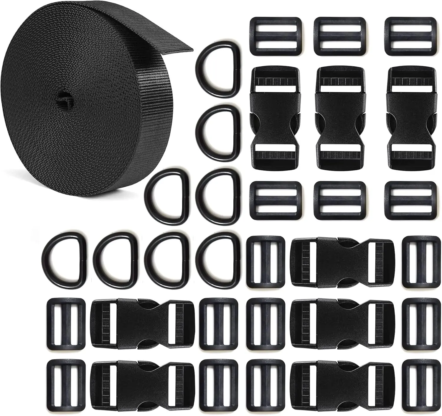 1 inch Buckle Strap Set with 10 Yards Nylon Webbing, 8 Pcs Metal D Rings, 8 Pcs Quick Side Release Plastic Buckles, 16 Pcs Tri-glide Slide Clip for DIY Backpack Replacement (Black)