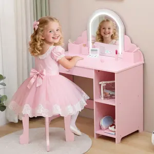 Kids Vanity with Lighted Mirror & Stool, Little Girls Vanity with Adjustable LED Light, Storage Drawer & Shelves for Girls 3-9,Pink