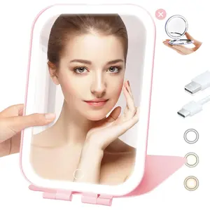 Travel Mirror with Light, Rechargeable Portable Makeup Mirror with Battery-Powered, 3 Colors LED Lighting, Dimmable Touch Screen Vanity Lighted Mirror