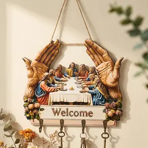 Flat Jesus and Disciples Wall Decor Keychain, Exquisite Religious Design 4 Metal Hooks, 10.4x11.8in Wood Frame, Porch Welcome Sign, Farmhouse Entryway Organizer, Pre-Assembled Sturdy Hooks, Housewarming Mother's Day Father's Day Gift