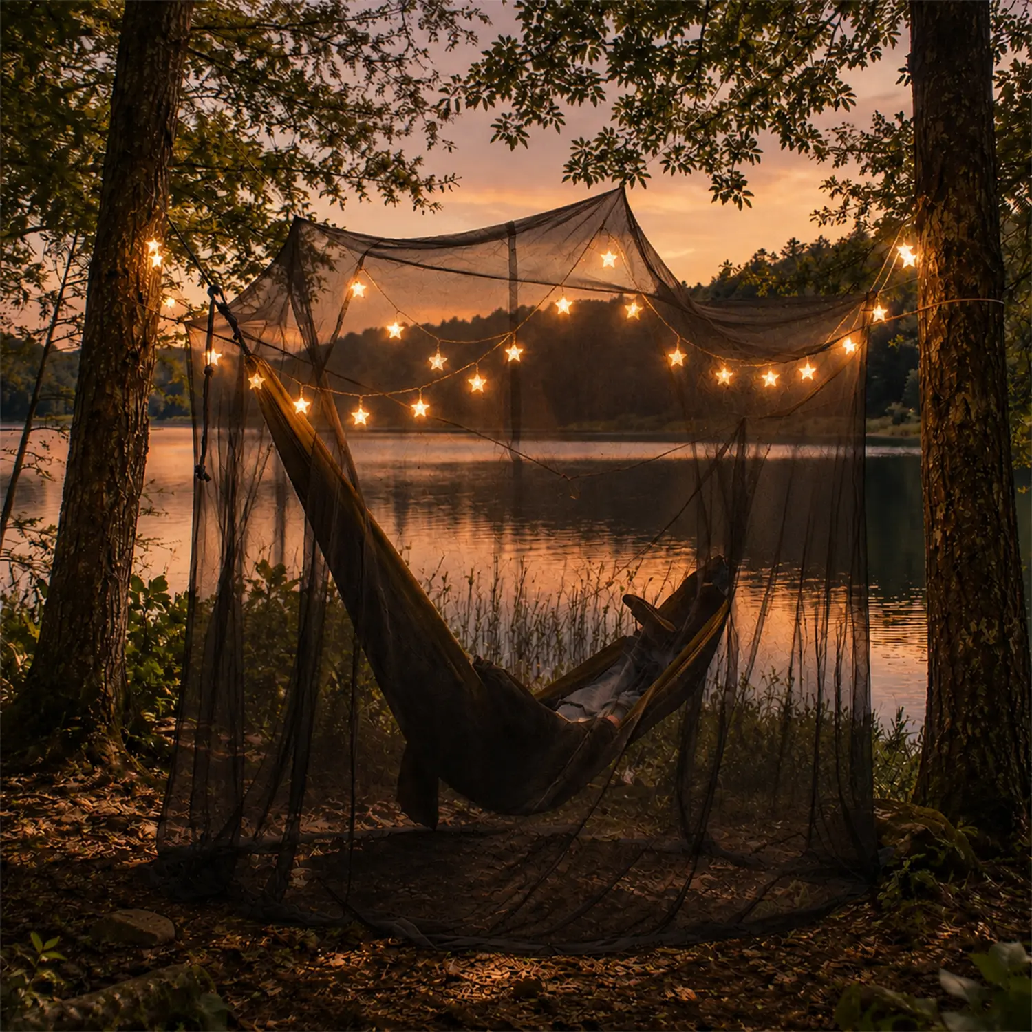 Large Outdoor Mosquito Netting with LED Star Lights - Insect Net Frame Tents Accessory for Camping, Patio Use
