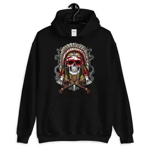 Native American Skull Hoodie, Indian Chief Hoodie, Native American Headdress Sweatshirt, Native American Clothing, Native American Clothes Men's Fashion Hoodie Comfortable and Trendy Hooded Pullover Soft and Breathable Suitable for Autumn and Winter