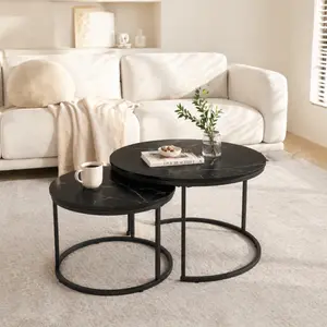Nesting Coffee Table Set of 2 27.6 Inch Round Black Metal Frame Wood Marble Pattern Top for Living Room Bedroom Balcony Yard Home Essentials Household Items Coffee Table Storage Organization Home Decor Apartment Stuff Home Accessories
