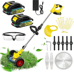 TOOLIFE Portable Lawn Trimmer Cordless On Wheels Foldable Electric Battery Powered Lawn Mower 3-in-1 Adjustable Height Brush Cutter with 2 Batteries Lawn Edger Grass Mower for Yard