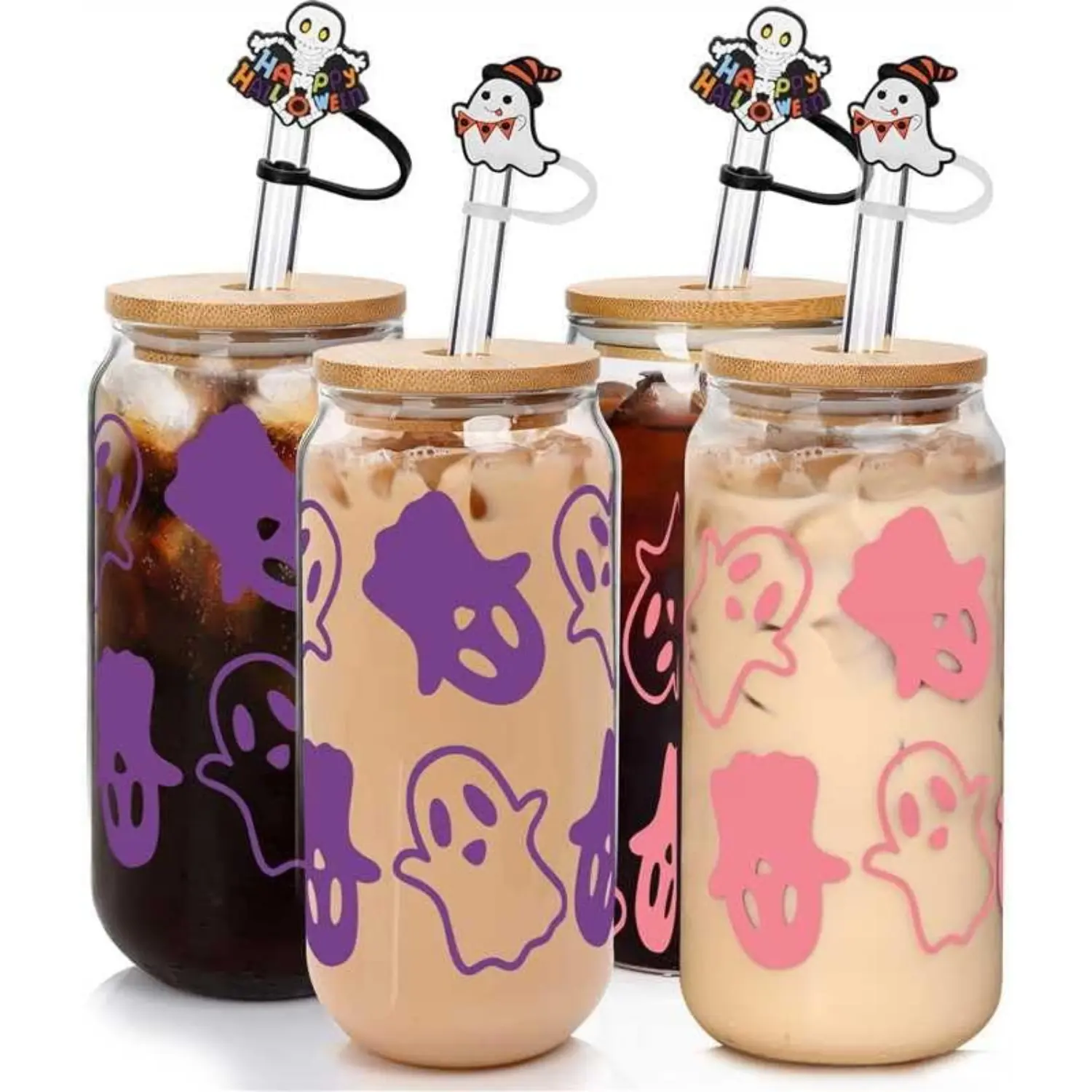 18oz BPA-Free Halloween Ghost Glass Mug with Straw - 500-1000ml Bamboo Drinkware Set, Cute Halloween Gift for Women, Dishwasher-Friendly Home Decor Iced Coffee Tumbler