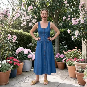 Denim Scoop Neck Button Front Midi Dress