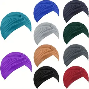 Pack Of 10 Women's Stretch Turban Caps - Multicolor Pleated Head Wraps, Soft Polyester, Lightweight & Breathable, Comfortable Elastic Chemo Sleep Hats, Versatile Hair Accessory for Various Hairstyles
