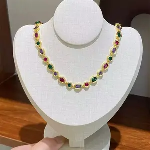 Unisex 14K Gold Plated Multicolor Gemstone Tennis Necklace  Colorful Chain Jewelry Gift Suitable for Men and Women Birthday Wedding Anniversary Retro