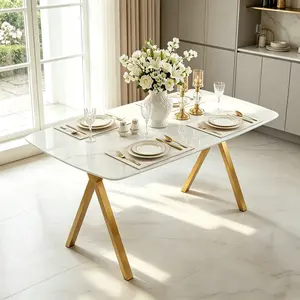 Modern Rectangular Tempered Glass Dining Table – Marble Pattern Gold Metal Legs Kitchen Table for Dining Room Living Room Small Space