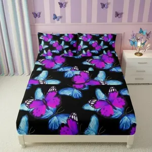 3pc Cartoon Butterfly Bed Sheet Set, Blue Tie-Dye Print, Soft Polyester, All-Season, Non-Slip, Ideal Gift