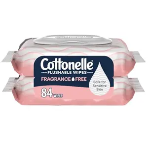Cottonelle Fragrance Free Flushable Wet Wipes, Adult Wet Wipes, 2 Flip-Top Packs, 42 Wipes Per Pack