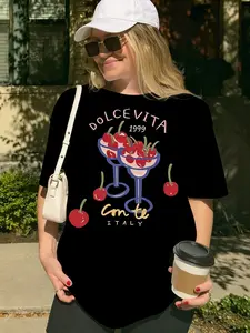 Dolce Vita Cherry Cocktail White T-Shirt | Casual Italian Coquette Streetwear Top | Premium Cotton Fabric | Sweet Dolce Vita Aesthetic | Relaxed Oversized Fit | Eye-Catching Cherry & Cocktail Print | Versatile Daily Wear | Perfect for Italy/Coquette Style