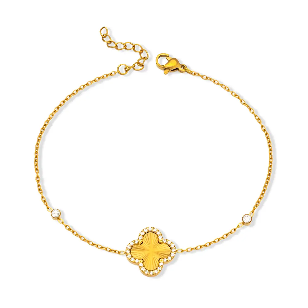Golden Bracelet for Women, Titanium Steel CZ Zirconia Charm Bracelet, Dainty Four-Leaf Clover Link Chain Wrist Jewelry, Waterproof Minimalist Luxury Gift for Her