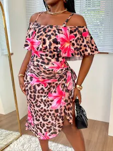 Plus Size Leopard Print One-Piece Swimsuit, Conservative Beach Vacation Water Party Pool Sand Swimwear, Women's Summer Bathing Suit, Modest Fashion Swimsuit