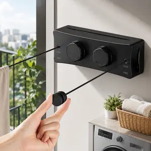 Heavy-duty dual expandable clothesline (17 ft) — 304 stainless steel, non-sagging double ropes, matte black wall-mounted laundry accessory, supports 10–15 kg; includes packaging; household laundry tool suitable for hanging needs in homes and RVs; accessor